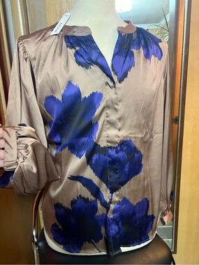 Chico's Taupe Blouse with plum Floral Print